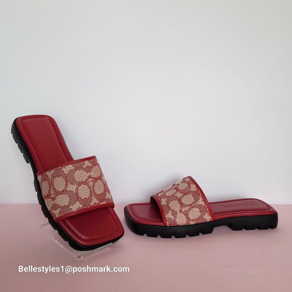 COACH FLORENCE Signature Logo Jacquard Slide Sandals- Ruby multi-Women’s Size 6B - Picture 6 of 16
